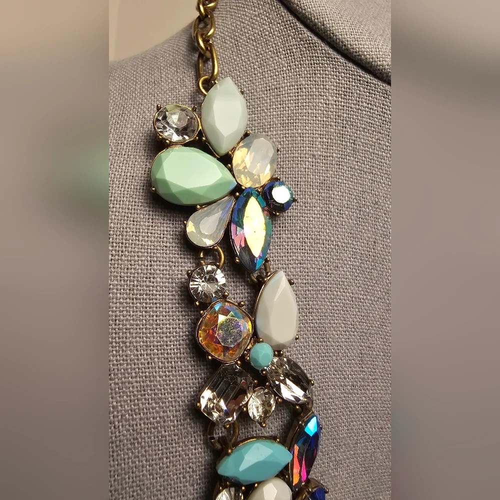 [J. Crew] Cluster Statement Necklace Mint Green, Gray White & Iridescent Stones